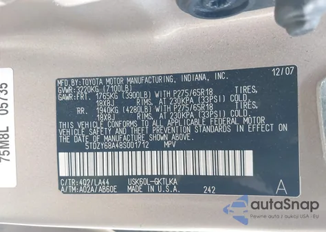 2008 Toyota Sequoia Limited 5.7L V8 из США, поврежденный, VIN 5TDZY68A48S001712